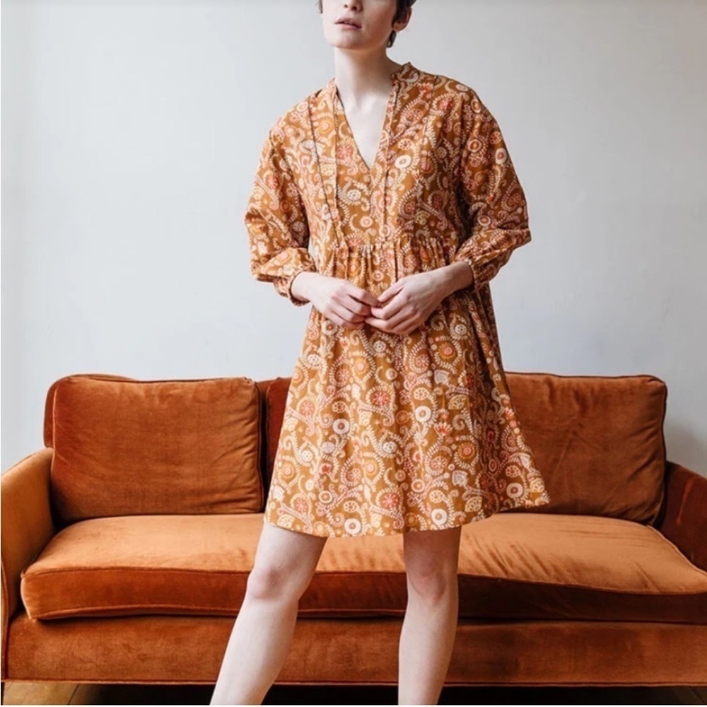 Mata Traders Sohla paisley baby doll mini dress long sleeve brown orange casual